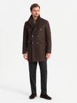 Men's double-breasted coat with decorative buttons - dark brown V3 OM-COWC-0109