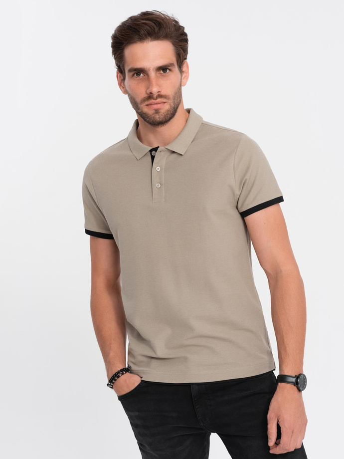 Tricou polo bărbătesc din bumbac cu ornamente contrastante - bej închis V5 OM-POSS-0113
