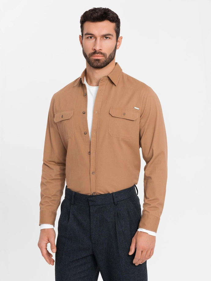 Men's REGULAR FIT cotton shirt with buttoned pockets - camel V2 OM-SHCS-0146