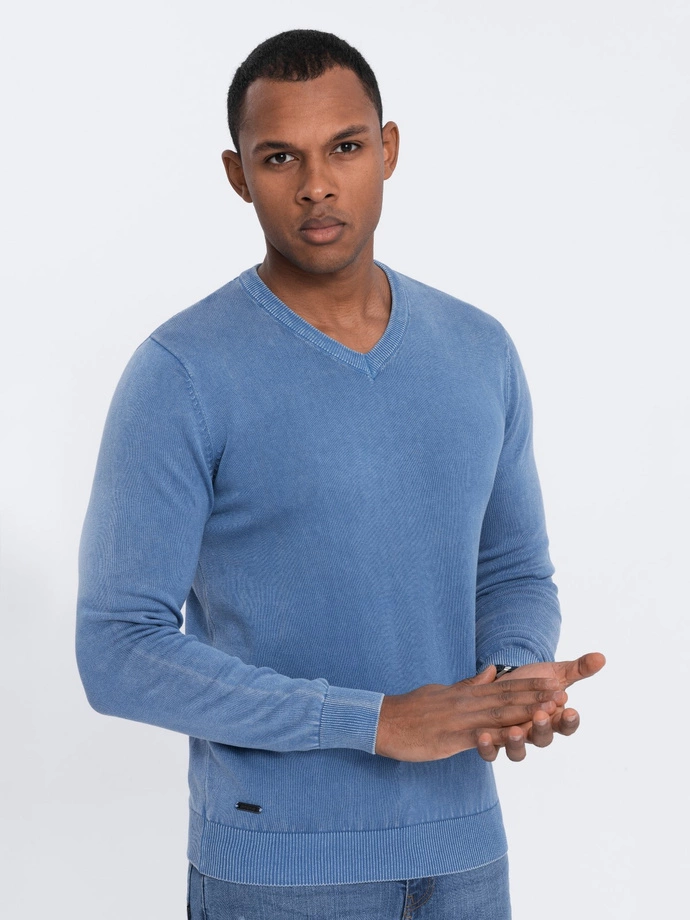 Men's wash sweater with v-neck - blue V4 OM-SWOS-0108