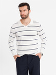 Men's horizontal striped polo longsleeve with viscose - white and navy blue V2 OM-POLS-0146