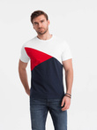 Tri-color men's cotton t-shirt - white and navy blue V3 OM-TSCT-0174