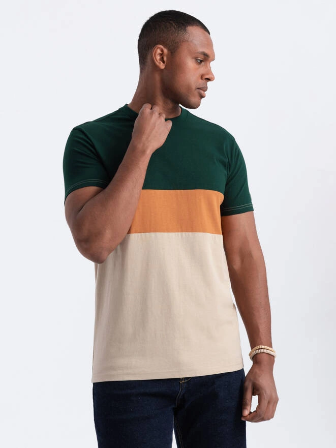 Men's tricolor T-shirt with wide stripes - green and beige V4 OM-TSCT-0152