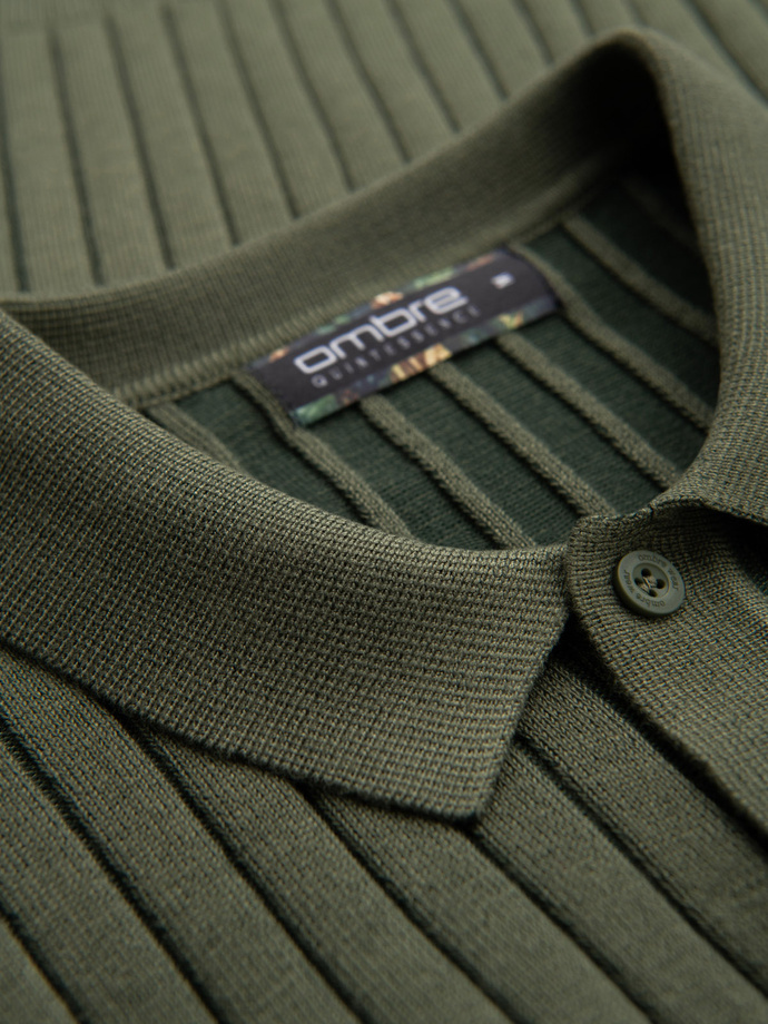 Men's SLIM FIT viscose vertical stripe polo shirt - olive V4 OM-POSS-0143