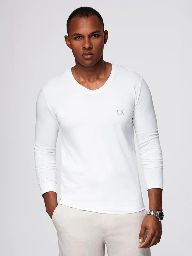 Pánske tričko SLIM FIT s dlhým rukávom do V s elastanom a potlačou - biele V2 OM-LSBC-0123