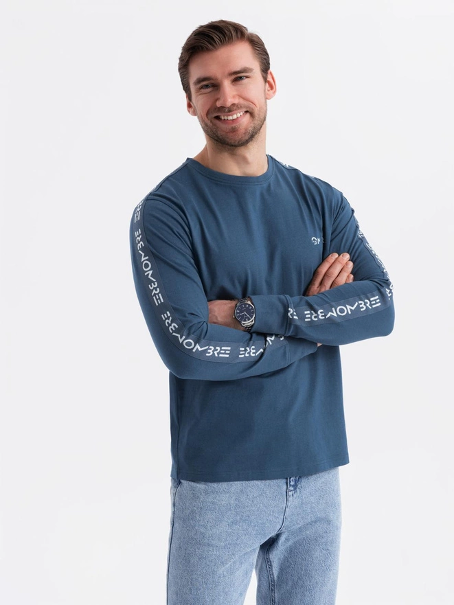 Men's cotton U-neck longsleeve with piping and chest print - dark blue V1 OM-LSCL-0127