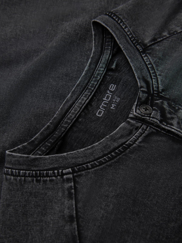 Men's T-shirt with wash effect and buttons at neckline - black V1 OM-TSWT-0150
