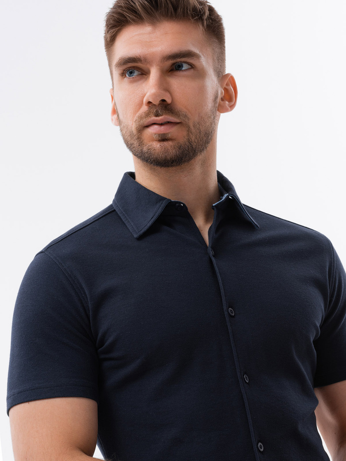 Cămașă bărbătească cu mânecă scurtă, cu mânecă scurtă, cu guler - albastru marin V2 OM-SHSS-0100