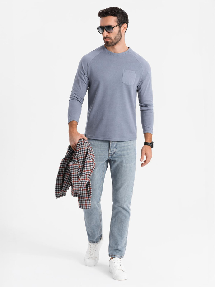 Bărbați cu mânecă lungă din bumbac cu țesătură gofrată cu buzunar - denim albastru V8 OM-LSCL-0109