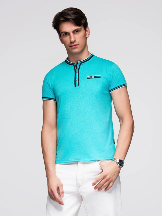 Men's henley t-shirt with decorative ribbing - turquoise V7 OM-TSCT-0175