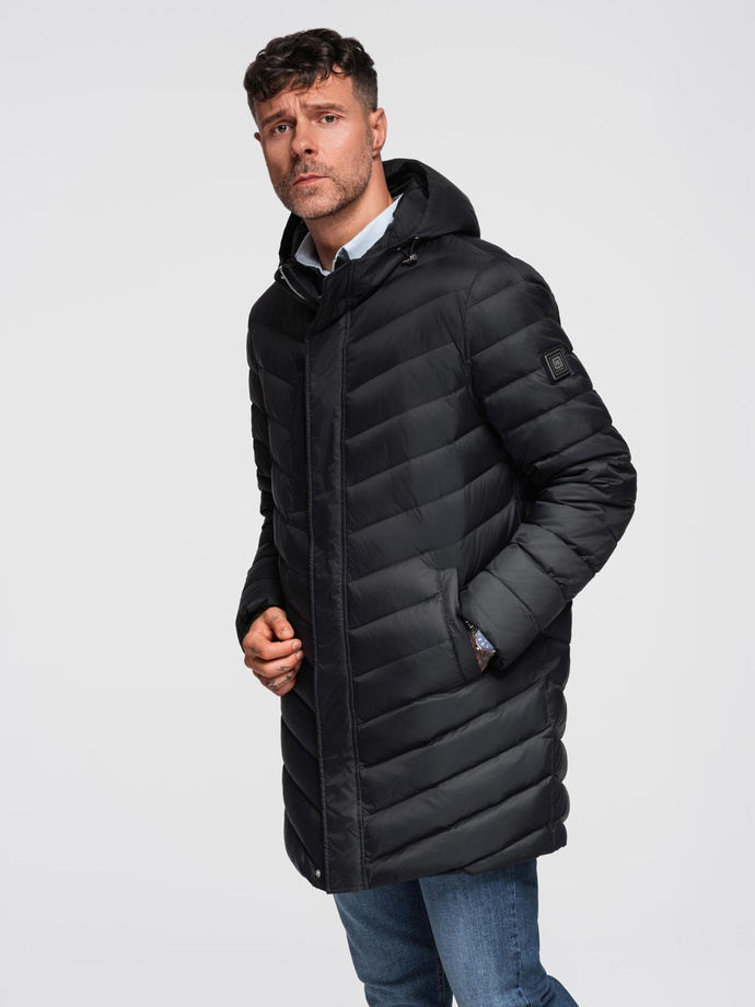 Men's long quilted jacket with natural filling - black V1 OM-JALJ-0212