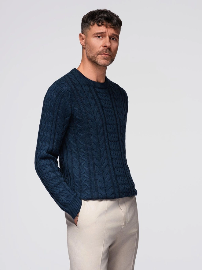Knitted monochrome men's viscose cardigan - navy blue V1 OM-SWCD-0126