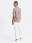 Men's short sleeve shirt with Cuban collar - dark beige V3 OM-SHSS-0168