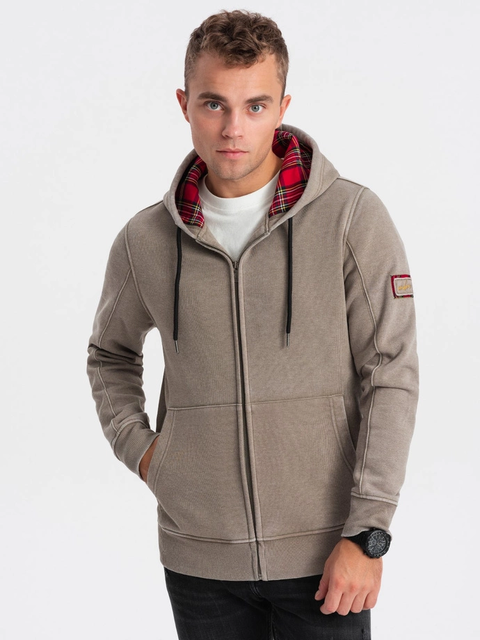 Washable men's unbuttoned hoodie - khaki V2 OM-SSDS-0110