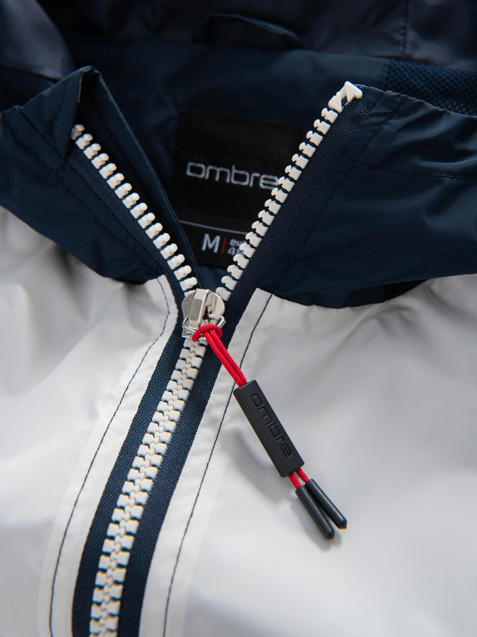 Men's contrast windbreaker jacket with hood - navy blue and white V1 OM-JANP-0228