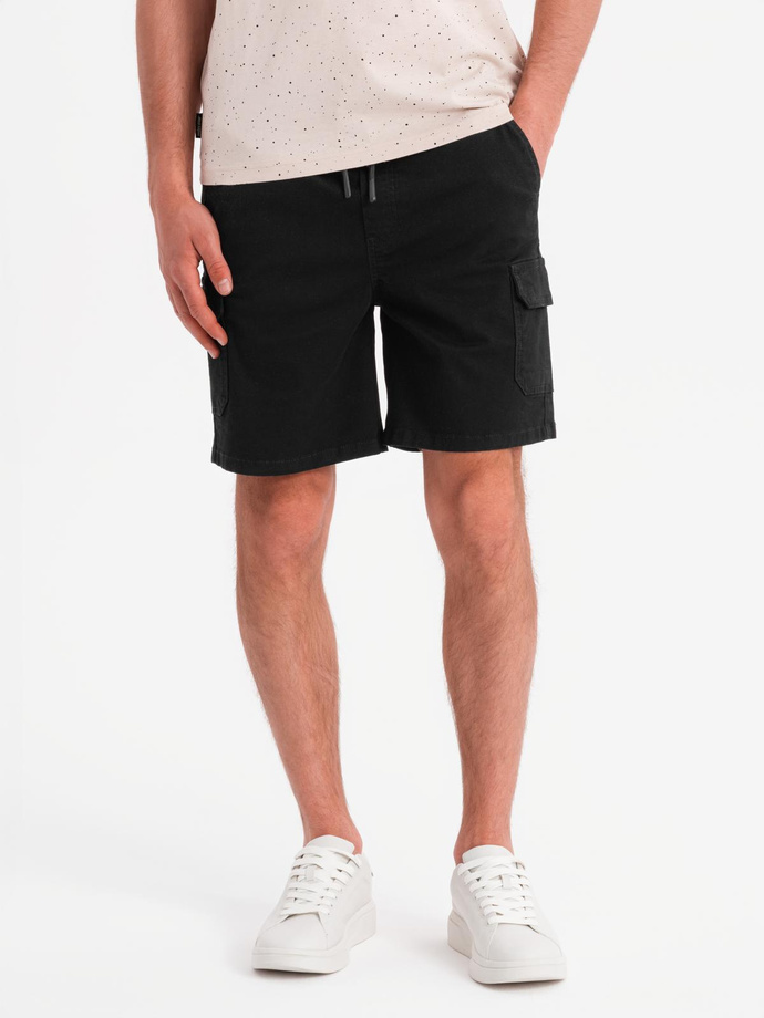 Men's cotton cargo shorts with elastic waistband - black V4 OM-SRCG-0190
