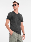 Vyriški megzti medvilniniai marškinėliai su V formos iškirpte ir nuplautu efektu - juodi V6 OM-TSWT-0242