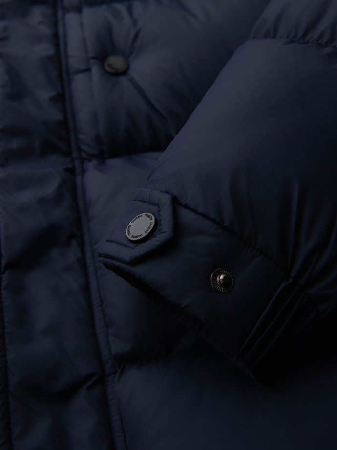 Men's quilted jacket with high zipped hood - navy blue V2 OM-JAHP-0238