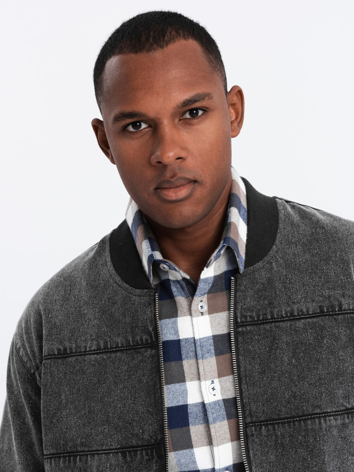 Men's denim bomber jacket with stone wash effect - black V2 OM-JADJ-0163