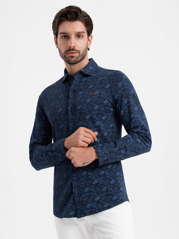 Men's cotton shirt with floral motif - navy blue V1 OM-SHCS-0159