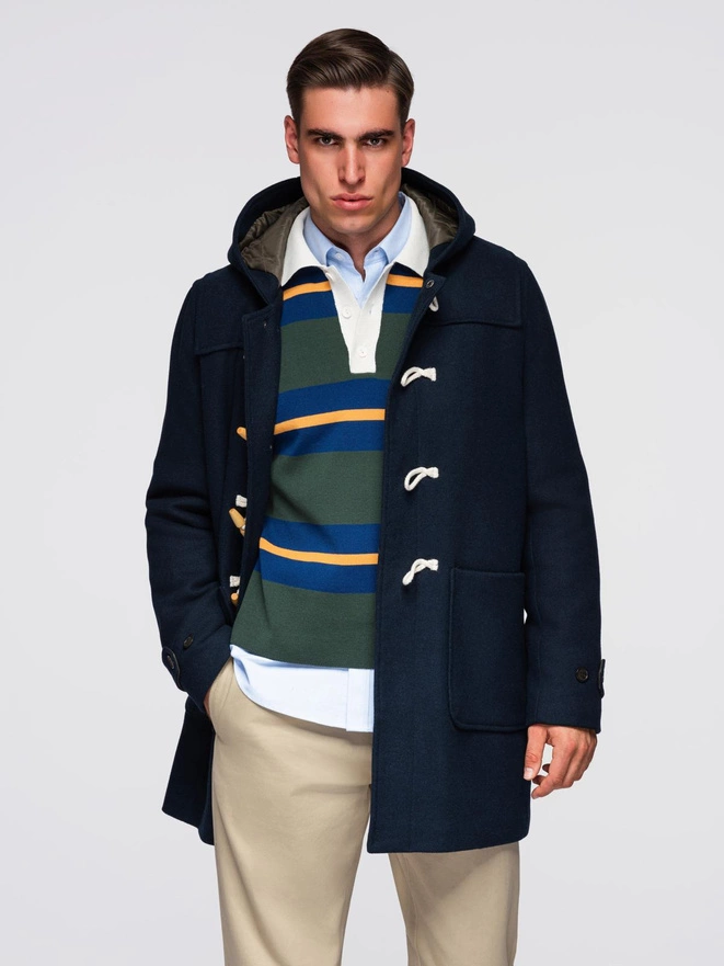 Men's wool and hooded duffle coat - navy blue V2 OM-COWC-0131