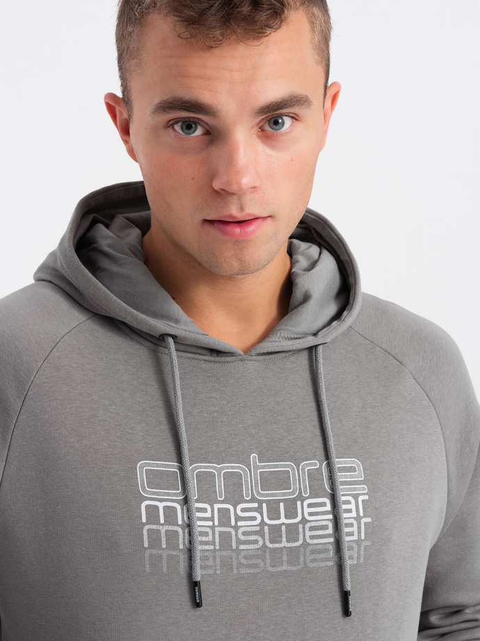 Men's non-stretch hooded sweatshirt with print - grey V2 OM-SSPS-0153