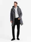 Men's long quilted jacket with lapels and lining - graphite V2 OM-JALJ-0177