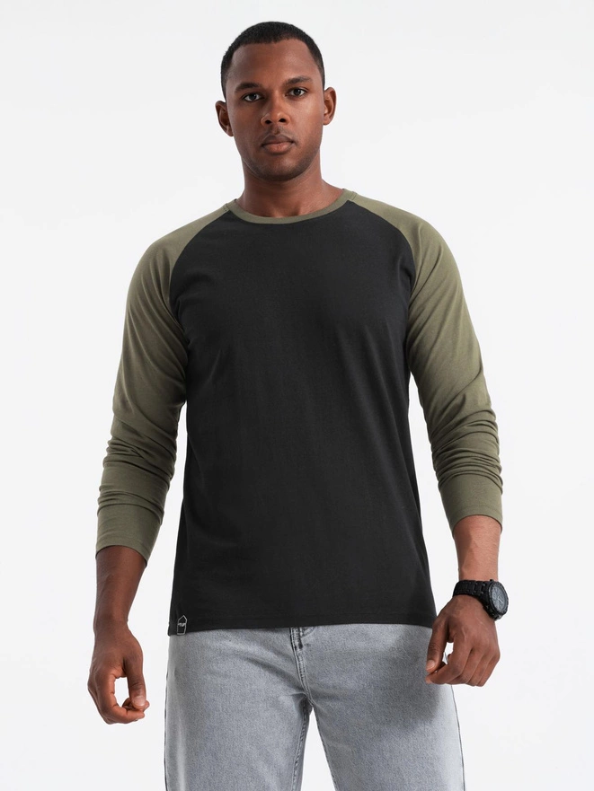 Manșon lung pentru bărbați cu mâneci raglan contrastante - negru/olive V3 OM-LSCL-0105