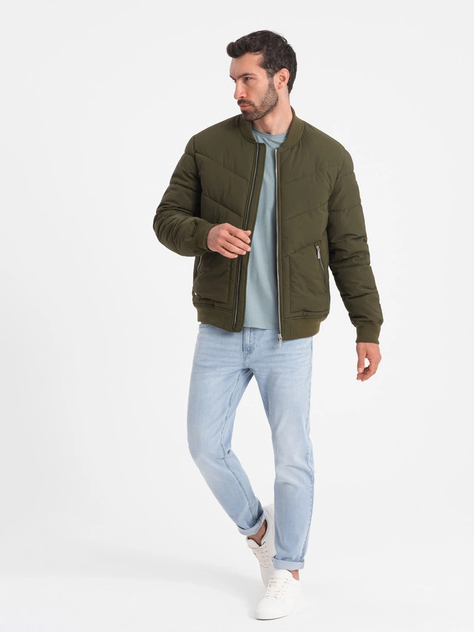 Men's quilted bomber jacket with metal zippers - dark olive green V3 OM-JALP-0143