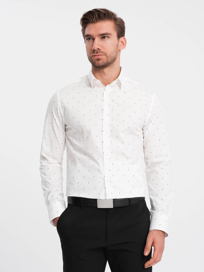 Classic men's cotton SLIM FIT shirt with anchors - white V3 OM-SHCS-0156