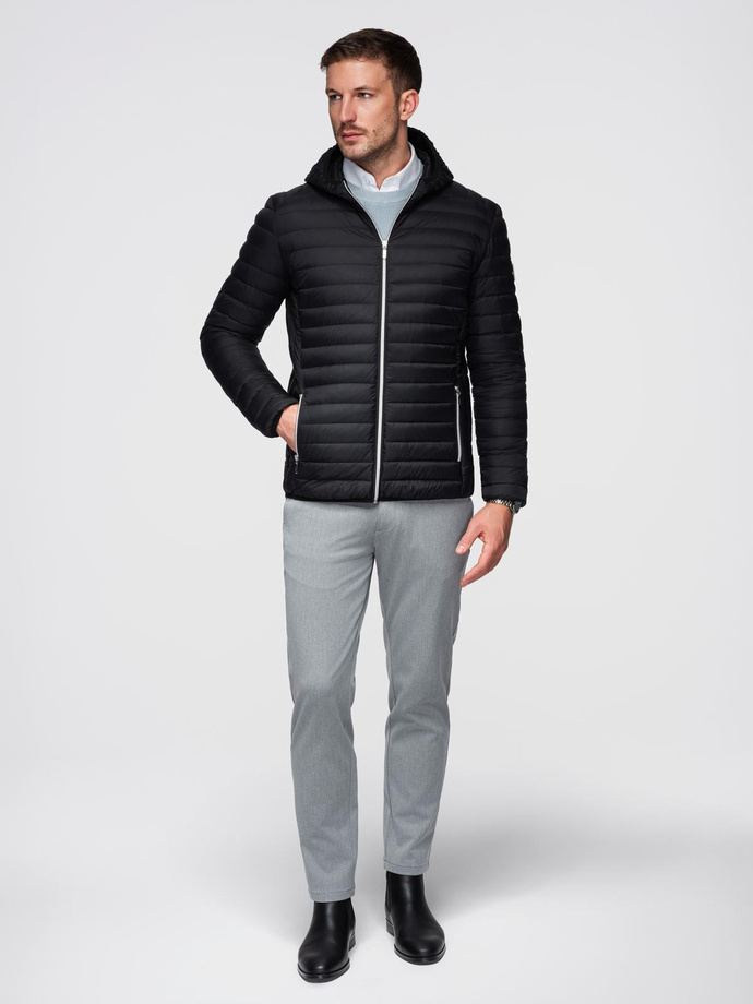 Pánská ultralehká bunda z přírodního prachového peří s kapsou - černá V1 OM-JALP-0211