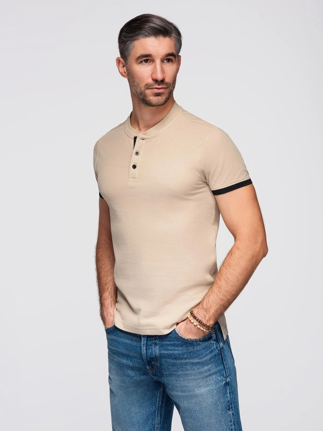 Men's collarless polo shirt - beige V5 OM-TSCT-0156
