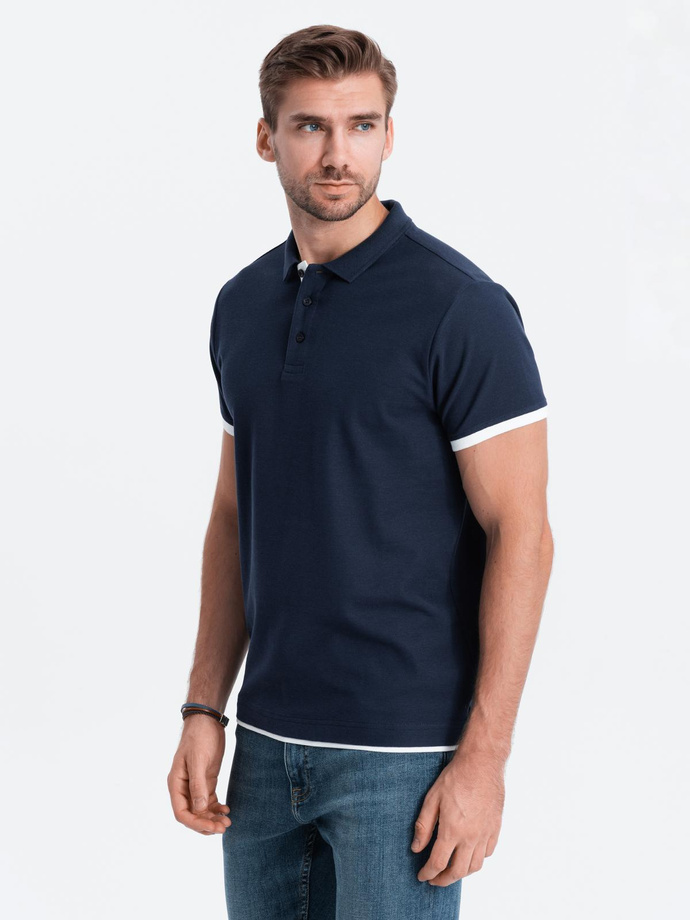 Men's cotton polo shirt with contrast trim - navy blue V4 OM-POSS-0113