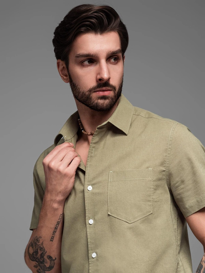 Men's short sleeve cotton and linen shirt with pocket - olive V6 OM-SHSS-0167