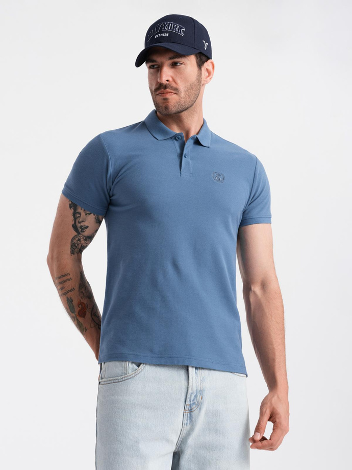 BASIC tricou polo pentru bărbați, tricou piqué monocolor - albastru V16 OM-POBS-0100