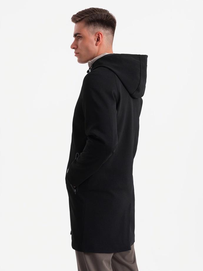 Men's hooded coat in fine pinstripe - black V2 OM-COSC-0112