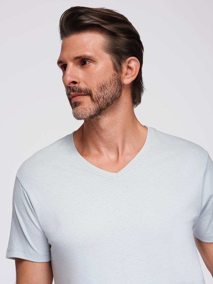 Bumbac clasic pentru bărbați BASIC tricou cu guler în V - maro V10 OM-TSBS-0145