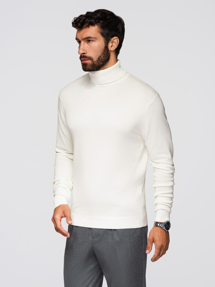 Men's knitted fitted turtleneck with viscose - ecru V3 OM-SWTN-0101
