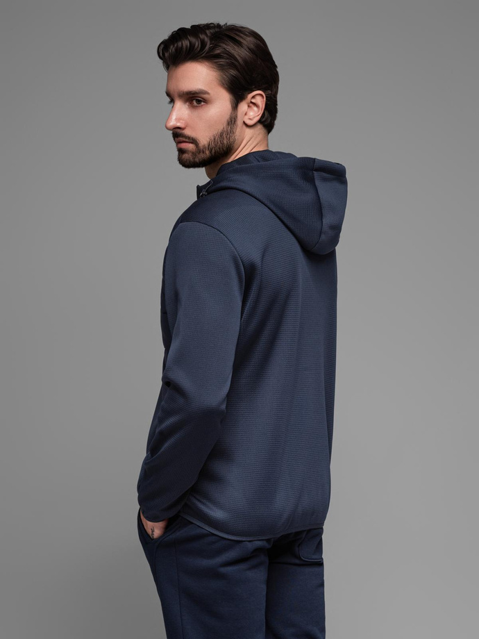 Men's lightweight jacket of combined materials with hood and decorative quilting - navy blue V4 OM-JANP-0160