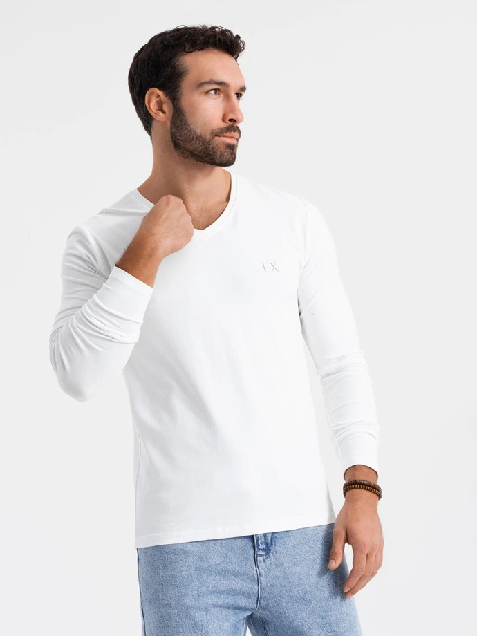 Men's V-neck SLIM FIT longsleeve with elastane and print - white V2 OM-LSBC-0123