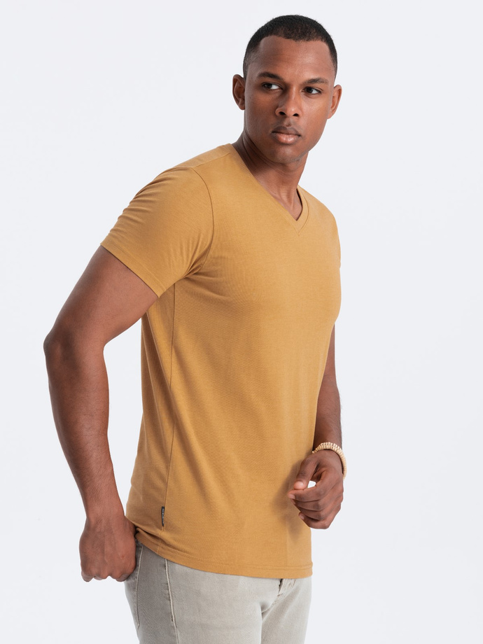 Tricou clasic din bumbac pentru bărbați BASIC, cu decolteu tip echipaj - muștar melange V19 OM-TSBS-0145
