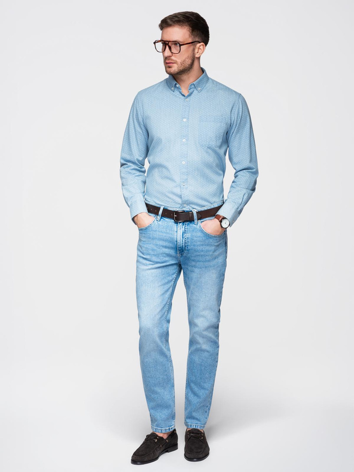 Men's patterned thin denim shirt with pocket - light blue V1 OM-SHDS-0179