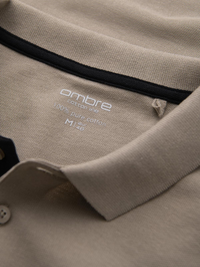 Tricou polo bărbătesc din bumbac cu ornamente contrastante - bej închis V5 OM-POSS-0113