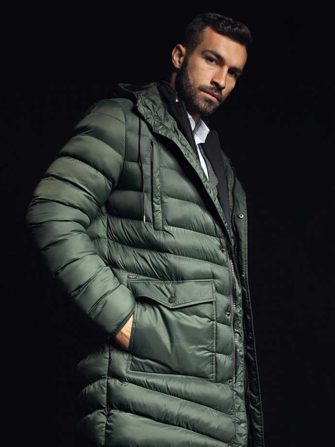 Men's winter quilted parka jacket - dark olive green V1 OM-JALJ-0100
