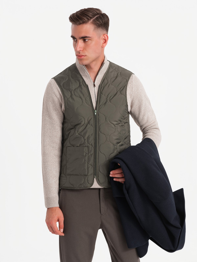 Men's long single-breasted coat with collar and undercoat - navy blue V3 OM-COWC-0106