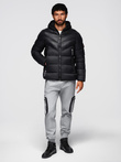 Modern quilted men's jacket of combined materials - black V1 OM-JAHP-0303