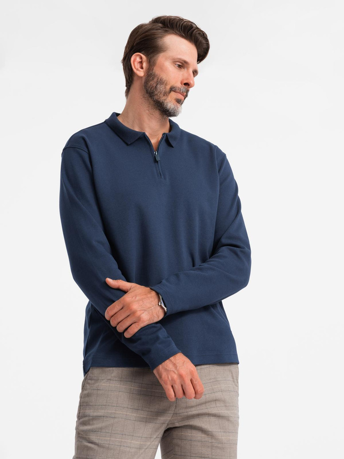 Men's polo longsleeve with zippered collar - navy blue V7 OM-POLS-0130