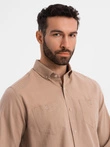 Men's linen shirt with classic collar and pockets REGULAR FIT - light brown V7 OM-SHCS-0134