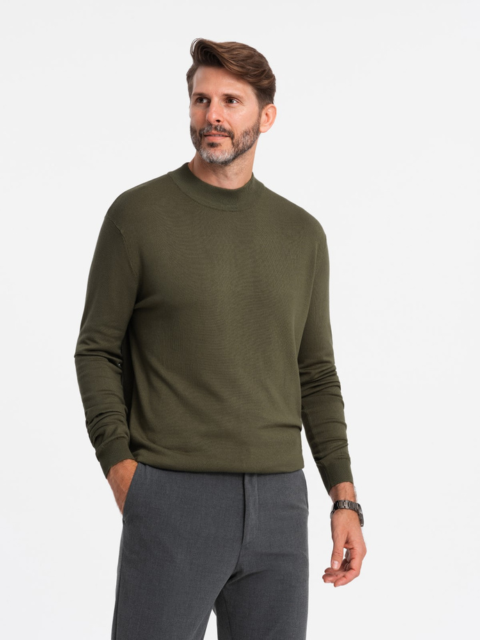 Men's knitted half turtleneck with viscose - dark olive V7 OM-SWTN-0100