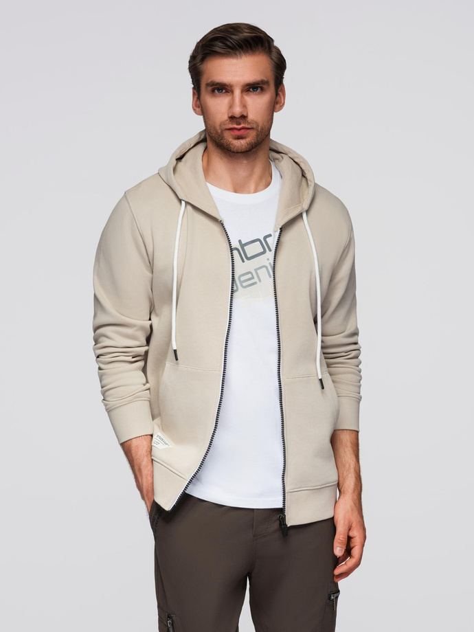 BASIC men's unbuttoned hooded sweatshirt - light beige V1 OM-SSBZ-0178